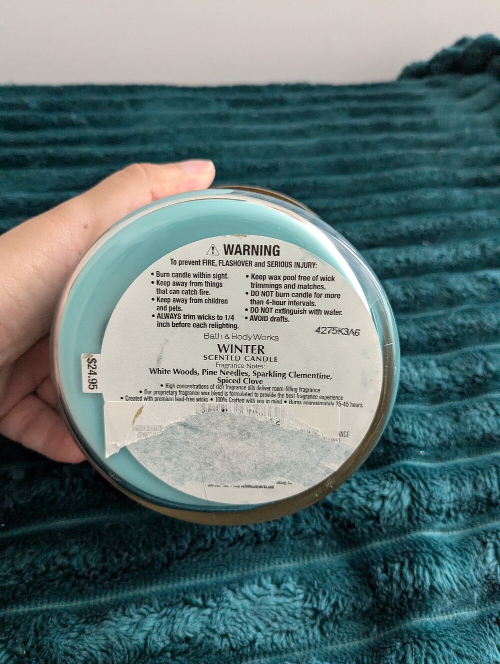 Bath & Body Works Winter 3-Wick Candle - Teal & Silver Accents - Picture 3 of 3